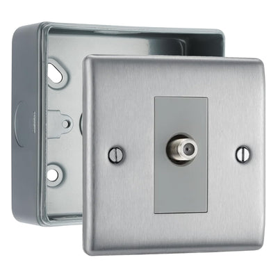 BG Nexus Brushed Steel Single Satellite Socket & Surface Pattress Back Box by British General (BG-NBS64+MC501)