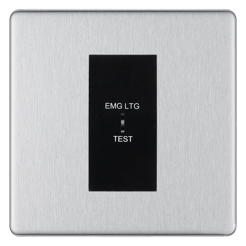 BG Flatplate Screwless Brushed Steel 20AX 2 Way Emergency Lighting Test Key Switch - Key Included - Black Insert