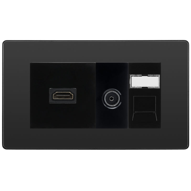 BG Evolve Media Wall Plate — TV Aerial, HDMI & CAT6 | Black Chrome Screwless
