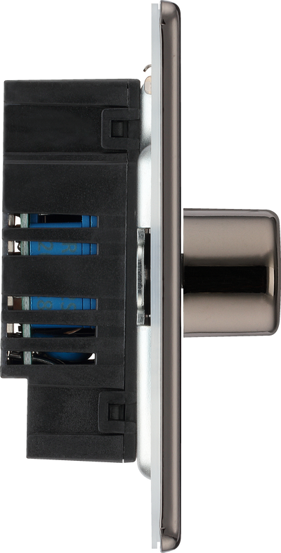 FBN81 Side - This trailing edge single dimmer switch from British General allows you to control your light levels and set the mood. The intelligent electronic circuit monitors the connected load and provides a soft-start with protection against thermal, current and voltage overload.