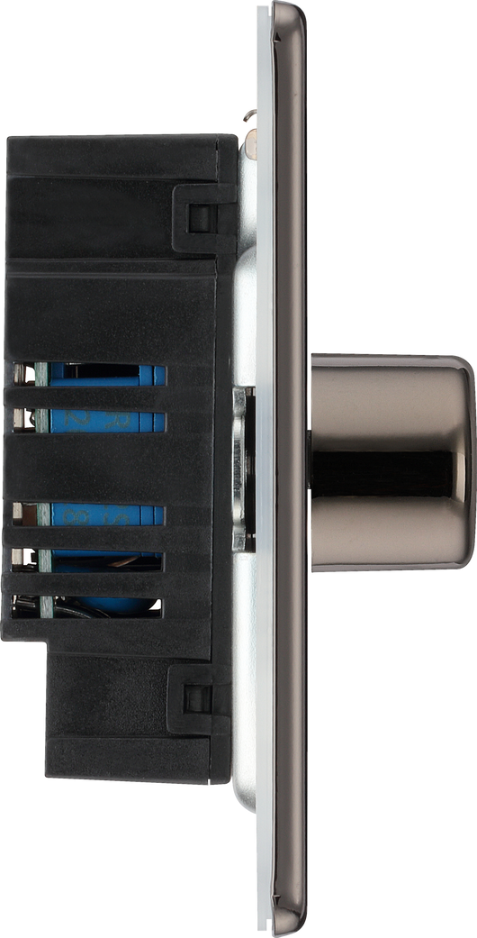 FBN81 Side - This trailing edge single dimmer switch from British General allows you to control your light levels and set the mood. The intelligent electronic circuit monitors the connected load and provides a soft-start with protection against thermal, current and voltage overload.