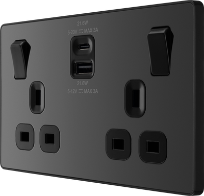 BG Evolve PCDBC22UAC22B 13A Double Switched Socket + USB A+C (22W) - Black Chrome