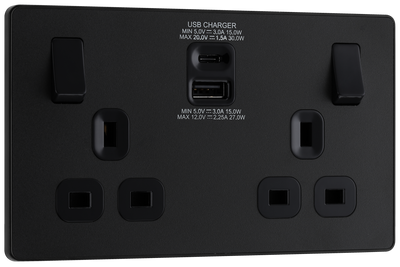 BG Evolve PCDMB22UAC30B Matt Black 2 Gang 13A Socket-Black Insert