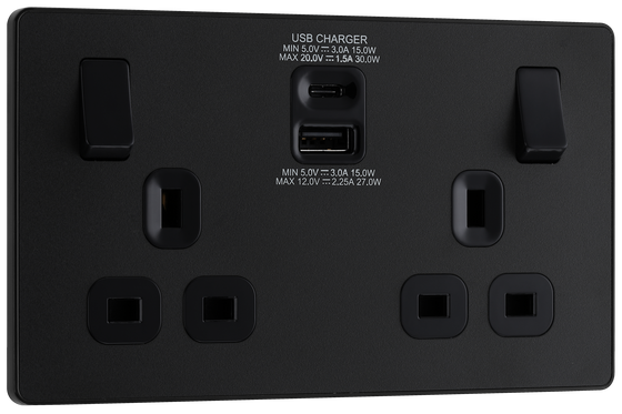 BG Evolve PCDMB22UAC30B Matt Black 2 Gang 13A Socket-Black Insert by British General (BG-PCDMB22UAC30B-Shopify-SA_1)