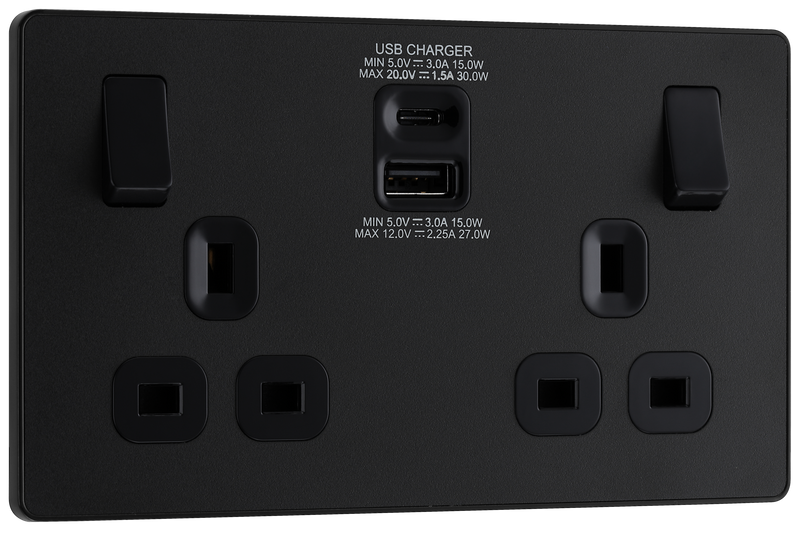 BG Evolve PCDMB22UAC30B Matt Black 2 Gang 13A Socket-Black Insert