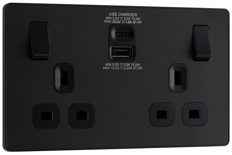 PCDMB22UAC30B Front - This Evolve Matt Black 13A power socket from British General with integrated fast charge USB-A and USB-C ports delivers a 50% charge to mobile phones in just 30 minutes.