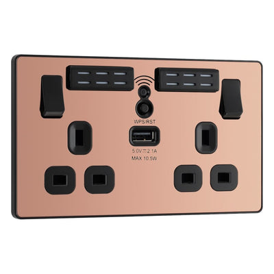 BG Evolve Polished Copper Double USB Socket with WiFi Extender PCDCP22UWRB and 25mm Steel Back Box