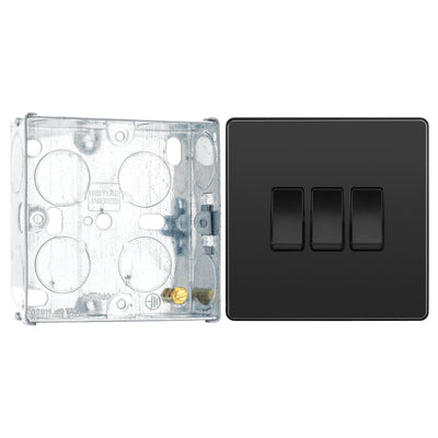 BG Evolve Black Chrome 3 Gang 20A 16AX 2 Way Light Switch PCDBC43B with 25mm Steel Back Box