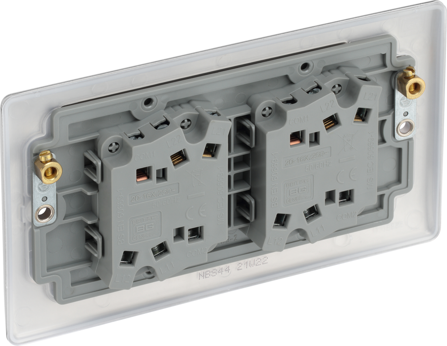 NBS44 Back - This brushed steel finish 20A 16AX quadruple light switch from British General can operate 4 different lights whilst the 2 way switching allows a second switch to be added to the circuit to operate the same light from another location (e.g. at the top and bottom of the stairs).