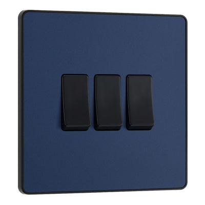 BG Evolve Matt Blue 3 Gang 20A 16AX 2 Way Light Switch PCDDB43B with 35mm Steel Back Box