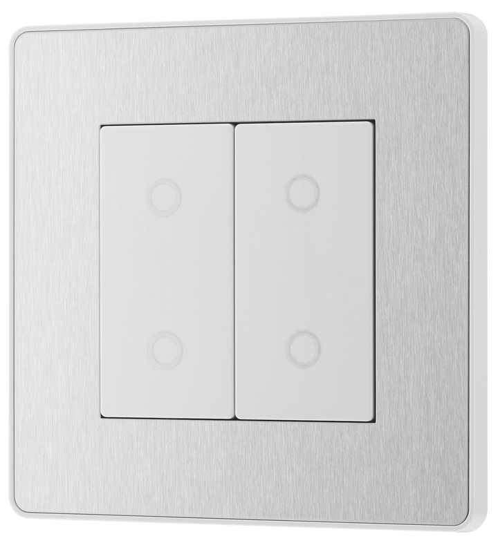 PCDBSTDM2W Front - This Evolve Brushed Steel double master trailing edge touch dimmer allows you to control your light levels and set the mood.