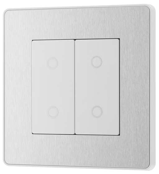 PCDBSTDM2W Front - This Evolve Brushed Steel double master trailing edge touch dimmer allows you to control your light levels and set the mood.