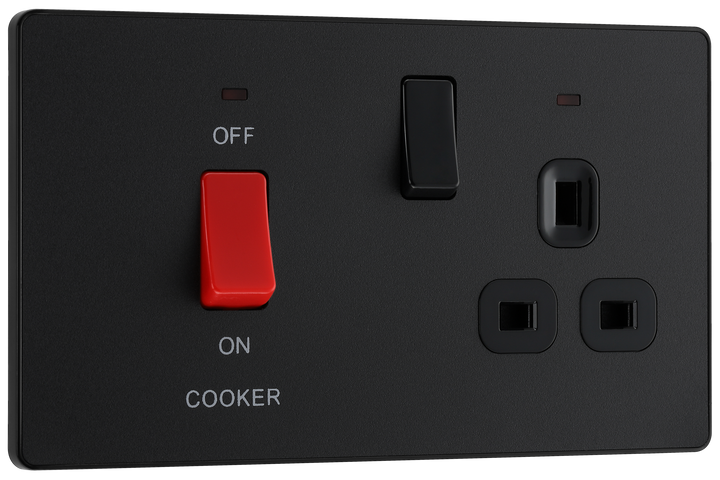 PCDMB70B Front - This Evolve Matt Black 45A cooker control unit from British General includes a 13A socket for an additional appliance outlet, and has flush LED indicators above the socket and switch.