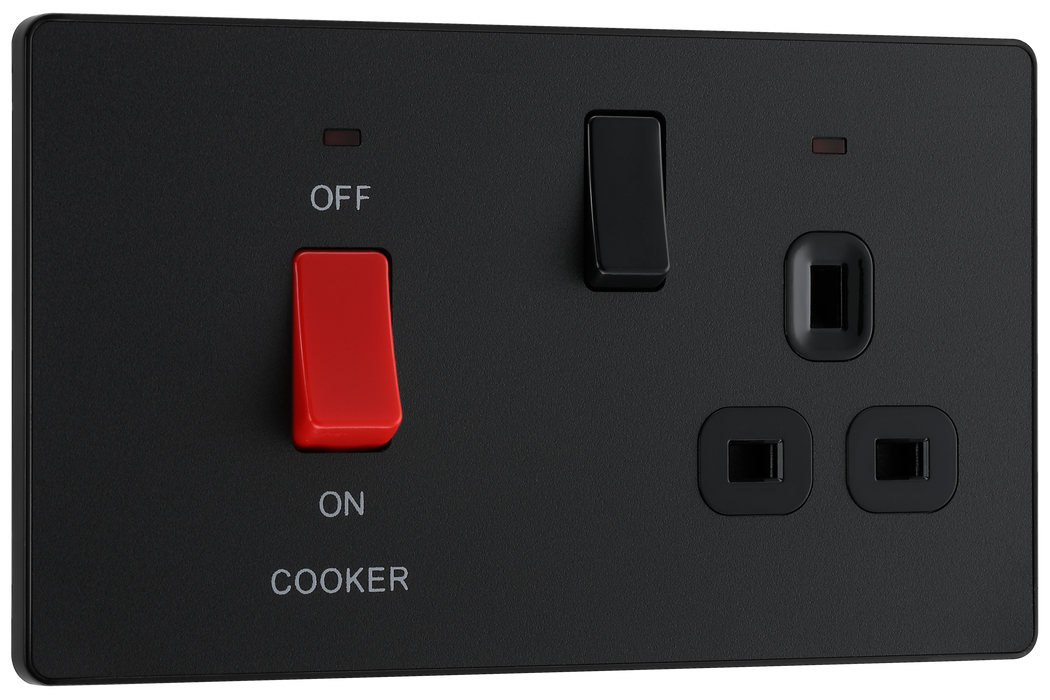 PCDMB70B Front - This Evolve Matt Black 45A cooker control unit from British General includes a 13A socket for an additional appliance outlet, and has flush LED indicators above the socket and switch.