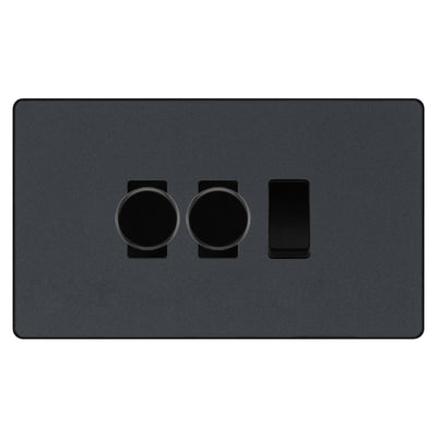 BG Evolve Matt Grey 3 Gang Light Switch 2x Trailing Edge LED Dimmer 1x 2 Way Custom Switch by British General (Evolve-MG-CUSTOM-3GANG-2xDIMMER-1x2WAY)