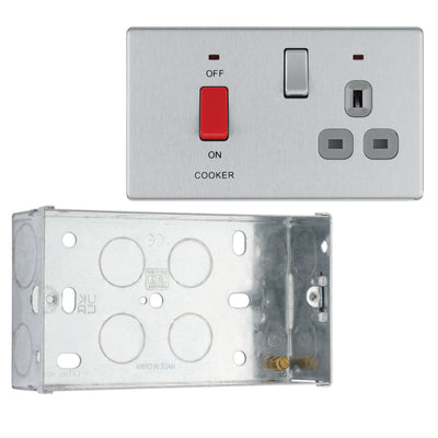 BG Screwless Brushed Steel 45 Amp Cooker Control Unit c/w Neon FBS70G with 35mm Steel Back Box