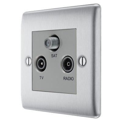 BG Nexus Brushed Steel Triplex TV/FM/Sat Socket NBS67 with 35mm Steel Back Box