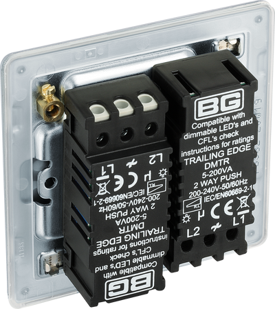 BG Electrical FBS82 Nexus Flatplate Screwless Brushed Steel 2 Gang 200W 2 Way Trailing-Edge Push Dimmer Switch