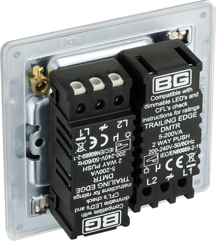 FBS82 Back - This trailing edge double dimmer switch from British General allows you to control your light levels and set the mood. The intelligent electronic circuit monitors the connected load and provides a soft-start with protection against thermal