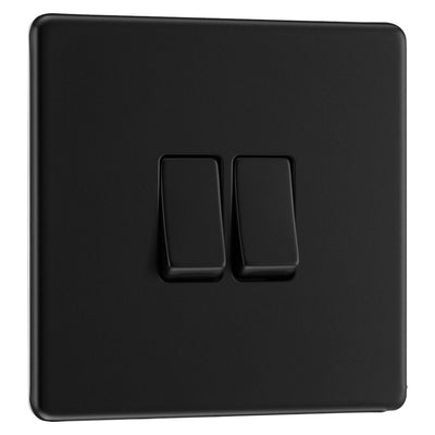 BG Screwless Matt Black 20A 16AX 2 Way Double Light Switch FFB42 with 25mm Steel Back Box