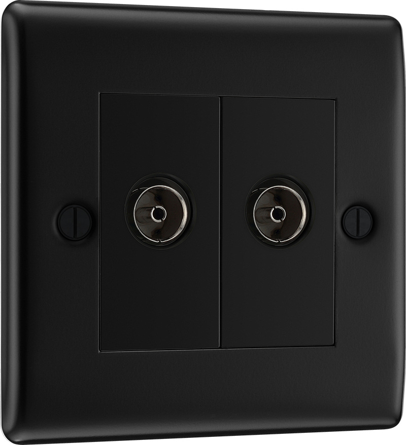 BG NFB63 Nexus Metal Matt Black Isolated Double TV Aerial Socket - Black Insert