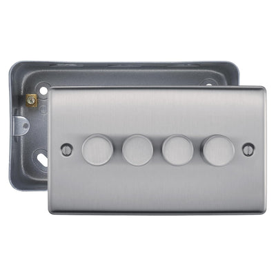 BG Nexus Brushed Steel 200W 2-Way 4 Gang Trailing Edge Push Dimmer & Surface Pattress Back Box by British General (BG-NBS84+MC502)