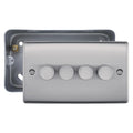 BG Nexus Brushed Steel 200W 2-Way 4 Gang Trailing Edge Push Dimmer & Surface Pattress Back Box