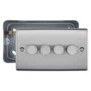 BG Nexus Brushed Steel 200W 2-Way 4 Gang Trailing Edge Push Dimmer & Surface Pattress Back Box by British General (BG-NBS84+MC502)