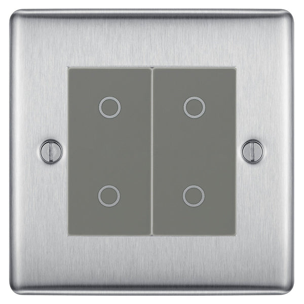 BG Nexus Brushed Steel Double Master Touch Dimmer Switch Grey Inserts NBSTDM2G