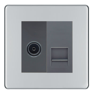 BG Screwless Polished Chrome TV Aerial & Master Telephone Socket — Grey Insert