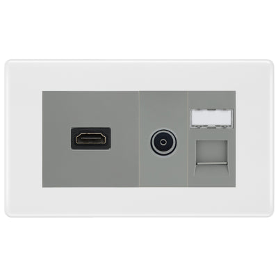 BG Nexus White Moulded Media Wall Plate TV Aerial, HDMI & CAT6 Outlet - Grey Insert by British General
