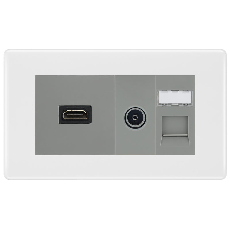 BG Nexus White Moulded Media Wall Plate TV Aerial, HDMI & CAT6 Outlet - Grey Insert