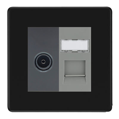 BG Screwless matt black TV Aerial & RJ45 CAT6 Data Socket - Grey Insert