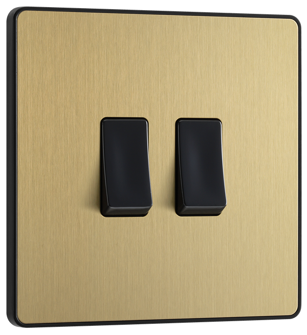 PCDSB42B Front -  This Evolve Satin Brass 20A 16AX double light switch from British General can operate 2 different lights, whilst the 2 way switching allows a second switch to be added to the circuit to operate the same light from another location (e.g. at the top and bottom of the stairs).