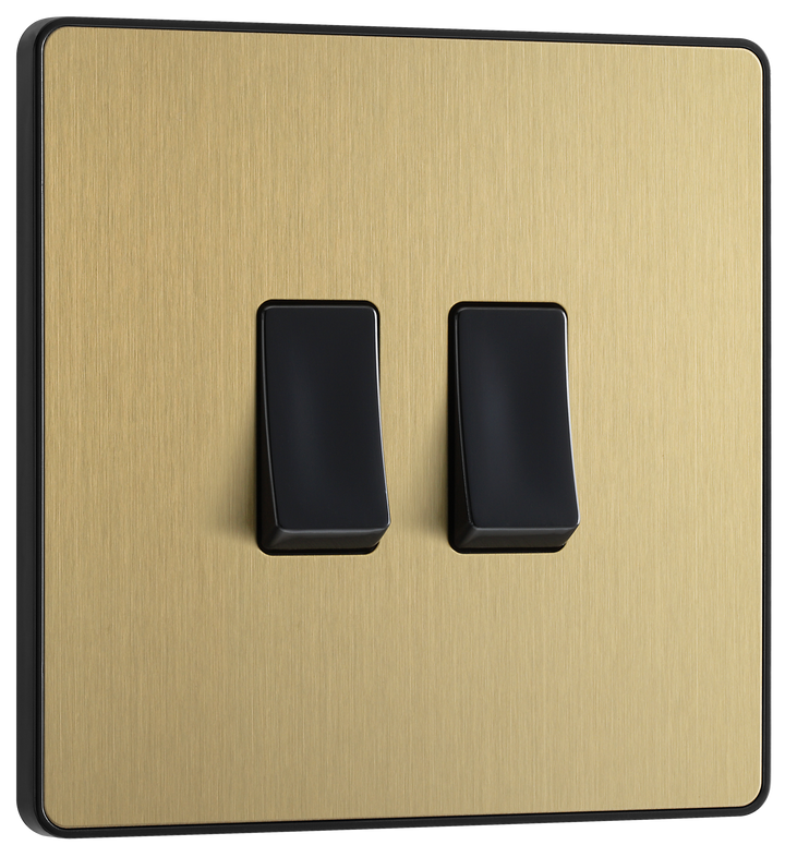 PCDSB42B Front -  This Evolve Satin Brass 20A 16AX double light switch from British General can operate 2 different lights, whilst the 2 way switching allows a second switch to be added to the circuit to operate the same light from another location (e.g. at the top and bottom of the stairs).