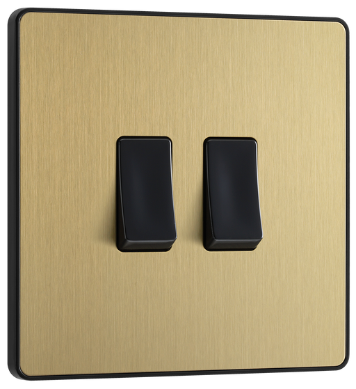 PCDSB42B Front -  This Evolve Satin Brass 20A 16AX double light switch from British General can operate 2 different lights, whilst the 2 way switching allows a second switch to be added to the circuit to operate the same light from another location (e.g. at the top and bottom of the stairs).