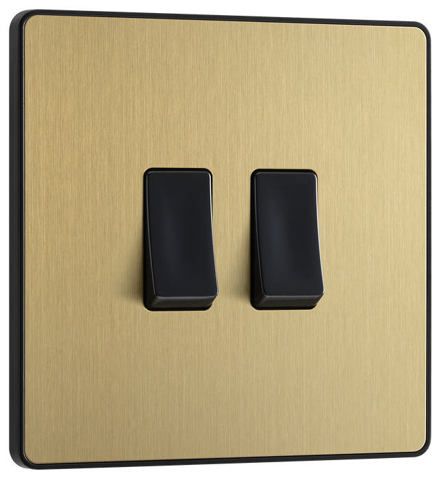 PCDSB42B Front -  This Evolve Satin Brass 20A 16AX double light switch from British General can operate 2 different lights, whilst the 2 way switching allows a second switch to be added to the circuit to operate the same light from another location (e.g. at the top and bottom of the stairs).
