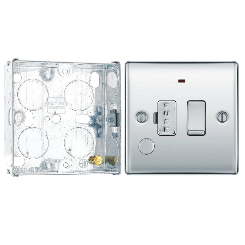 BG Nexus Metal Polished Chrome 13A Switched Spur + Neon + Cable Outlet NPC53 with 25mm Steel Back Box