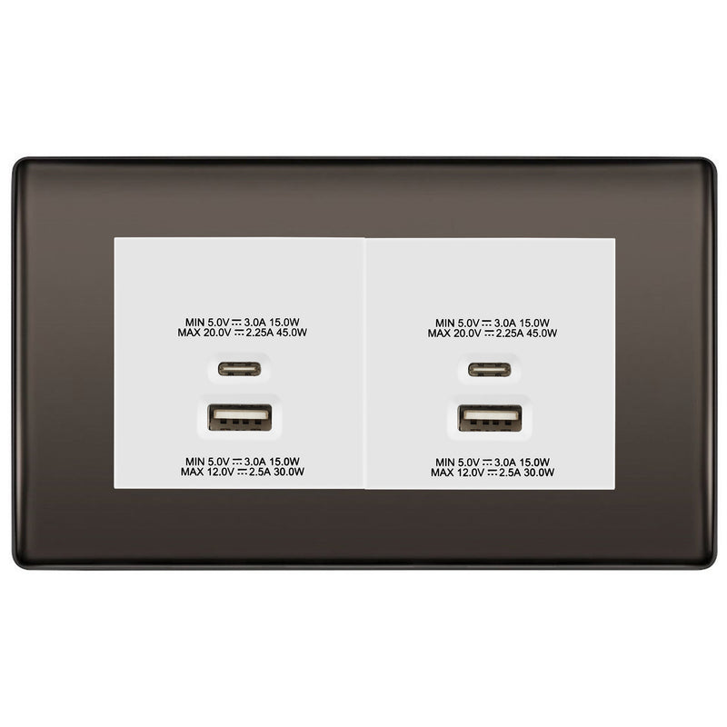 BG Black Nickel 4G Euro Plate with 45W USB A+C Charger Modules - White Insert