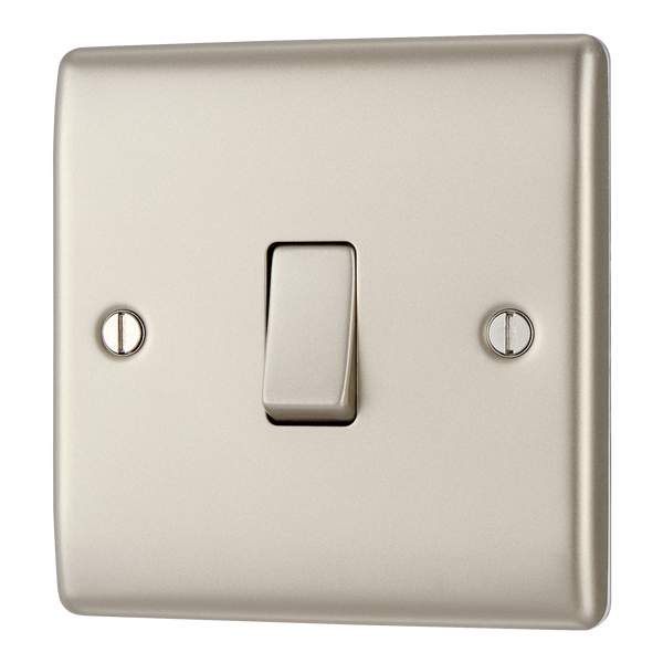 NPR13 Front - This pearl nickel finish 20A 16AX intermediate light switch from British General should be used as the middle switch when you need to operate one light from 3 different locations such as either end of a hallway and at the top of the stairs.