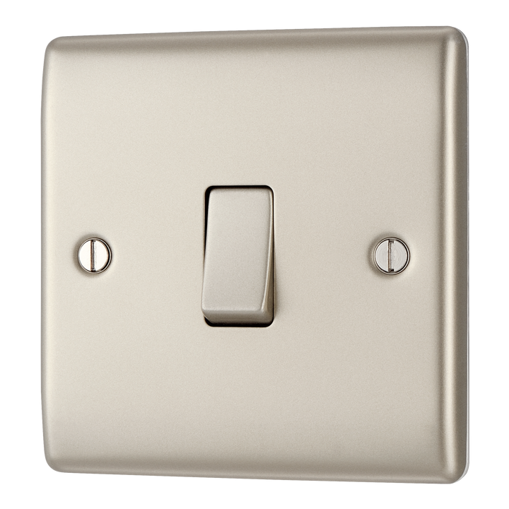 NPR13 Front - This pearl nickel finish 20A 16AX intermediate light switch from British General should be used as the middle switch when you need to operate one light from 3 different locations such as either end of a hallway and at the top of the stairs.