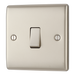 NPR13 Front - This pearl nickel finish 20A 16AX intermediate light switch from British General should be used as the middle switch when you need to operate one light from 3 different locations such as either end of a hallway and at the top of the stairs.