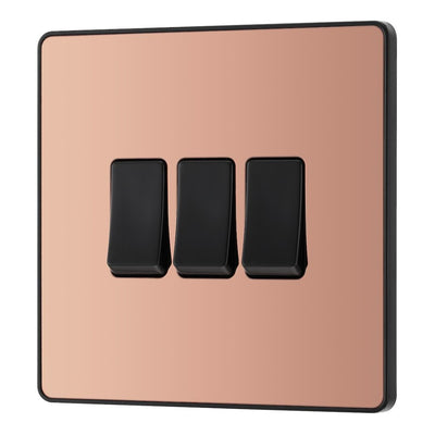 BG Evolve Polished Copper 3 Gang 20A 16AX 2 Way Light Switch PCDCP43B with 25mm Steel Back Box