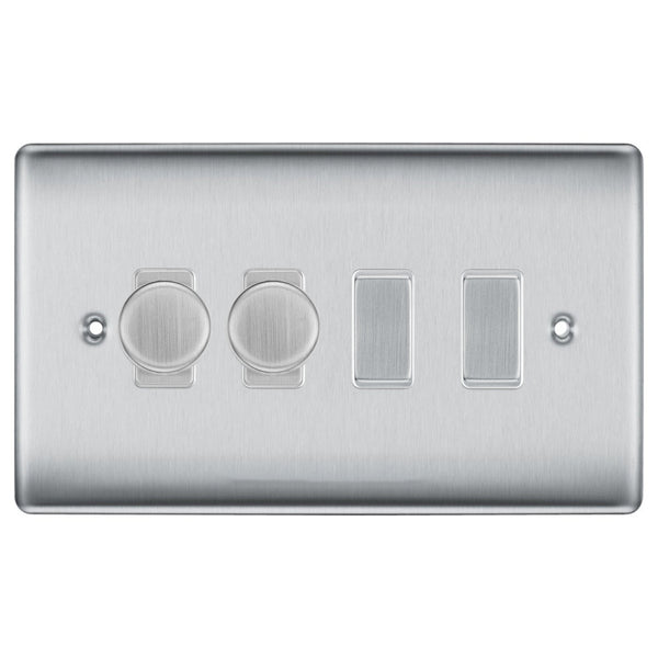 BG Brushed Steel 4 Gang Light Switch 2x Trailing Edge LED Dimmer 2x 2 Way Custom Switch