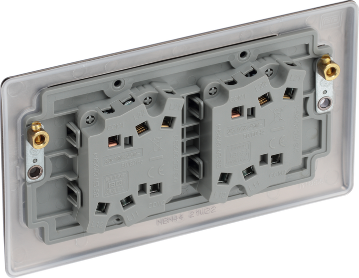 NBN44 Back - This black nickel finish 20A 16AX quadruple light switch from British General can operate 4 different lights whilst the 2 way switching allows a second switch to be added to the circuit to operate the same light from another location (e.g. at the top and bottom of the stairs).