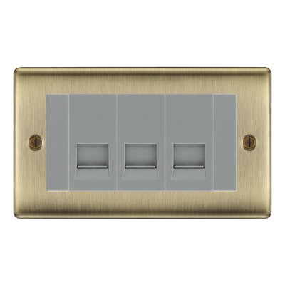 BG Nexus Antique Brass 3 Gang Master Telephone Socket, Screw Terminal - Grey Insert by British General (BG-NABBTMS3G)
