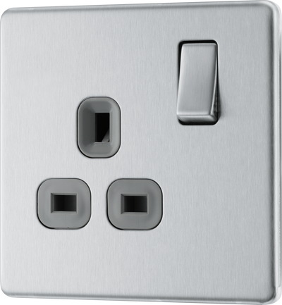BG Electrical FBS21G Nexus Screwless Flat-Plate Single Switched Plug Socket Brushed Steel Grey Insert 13A