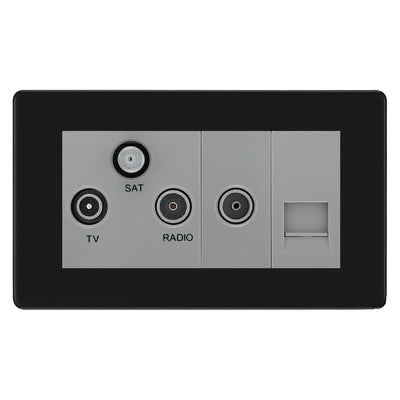 BG Screwless Matt Black TV/FM/SAT + Return & 1 Gang Tel - Screened Triplex Socket FFB68G by British General (BG-FFB68G)