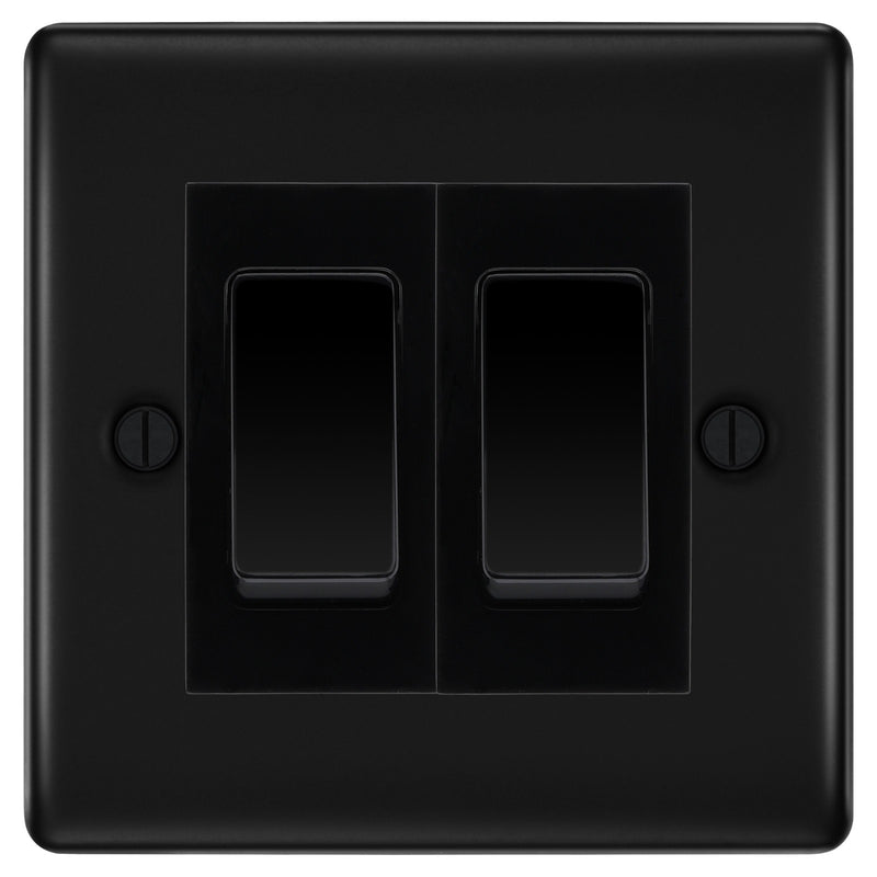 BG Nexus Matt Black 2-Gang Light Switch 1x 2-Way + 1x Intermediate – Black Inserts
