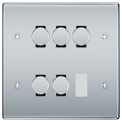 BG Polished Chrome 5 Gang Trailing Edge LED Dimmer Light Switch 2 Way Custom Switch by British General (NEXUS-PC-5G-CUSTOM-5xDIMMER-2Way)